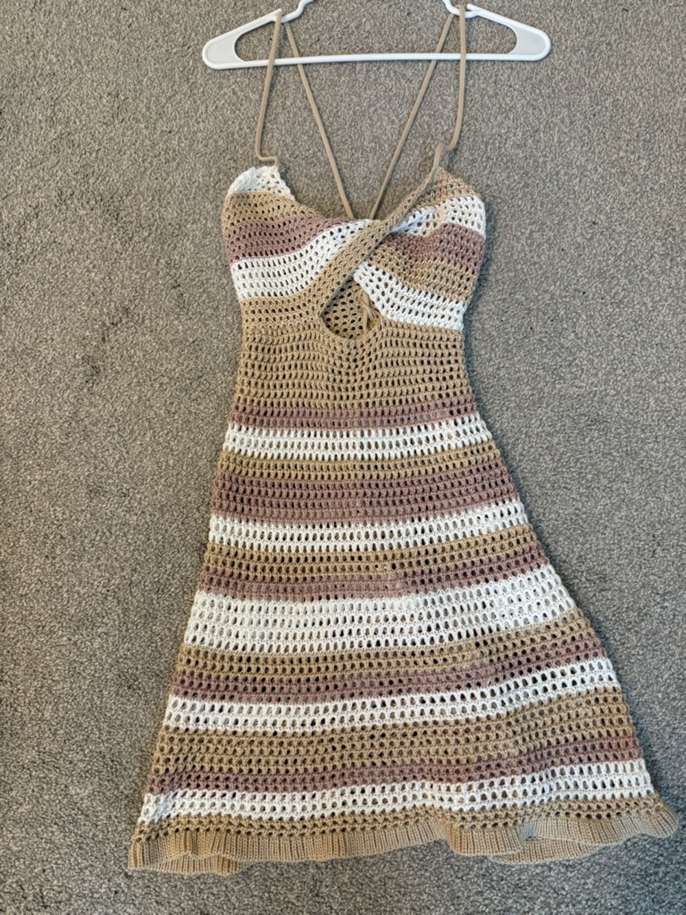 Beige & White Crochet Striped Spaghetti Strap Dress